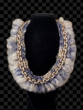 Gold Chain Necklace with Blue-Gray Wool Trim